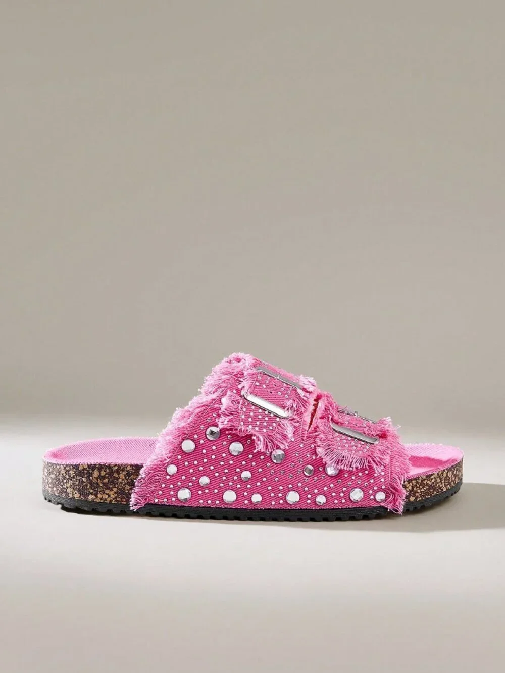 Hot Pink Casual Women's Round Toe Fringed Rhinestone Double Buckle Flat Shoes